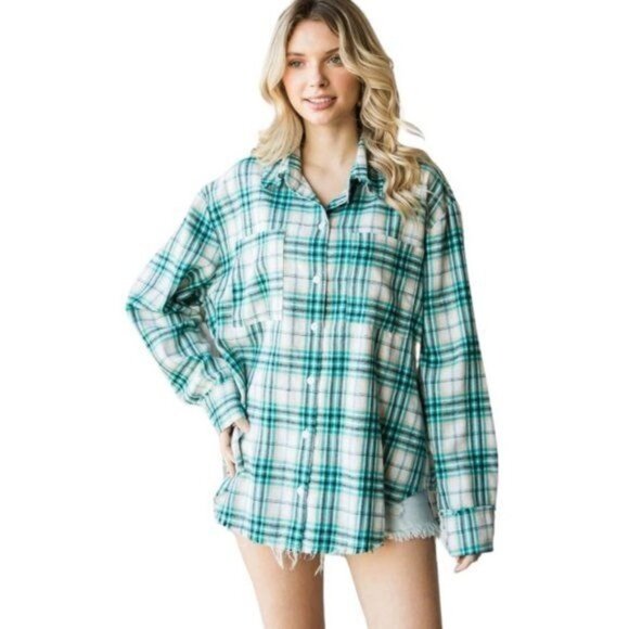 Veveret Tops - VEVERET Plaid Button Down Long Sleeve Raw Hem Shacket Shirt S.M.L NWT